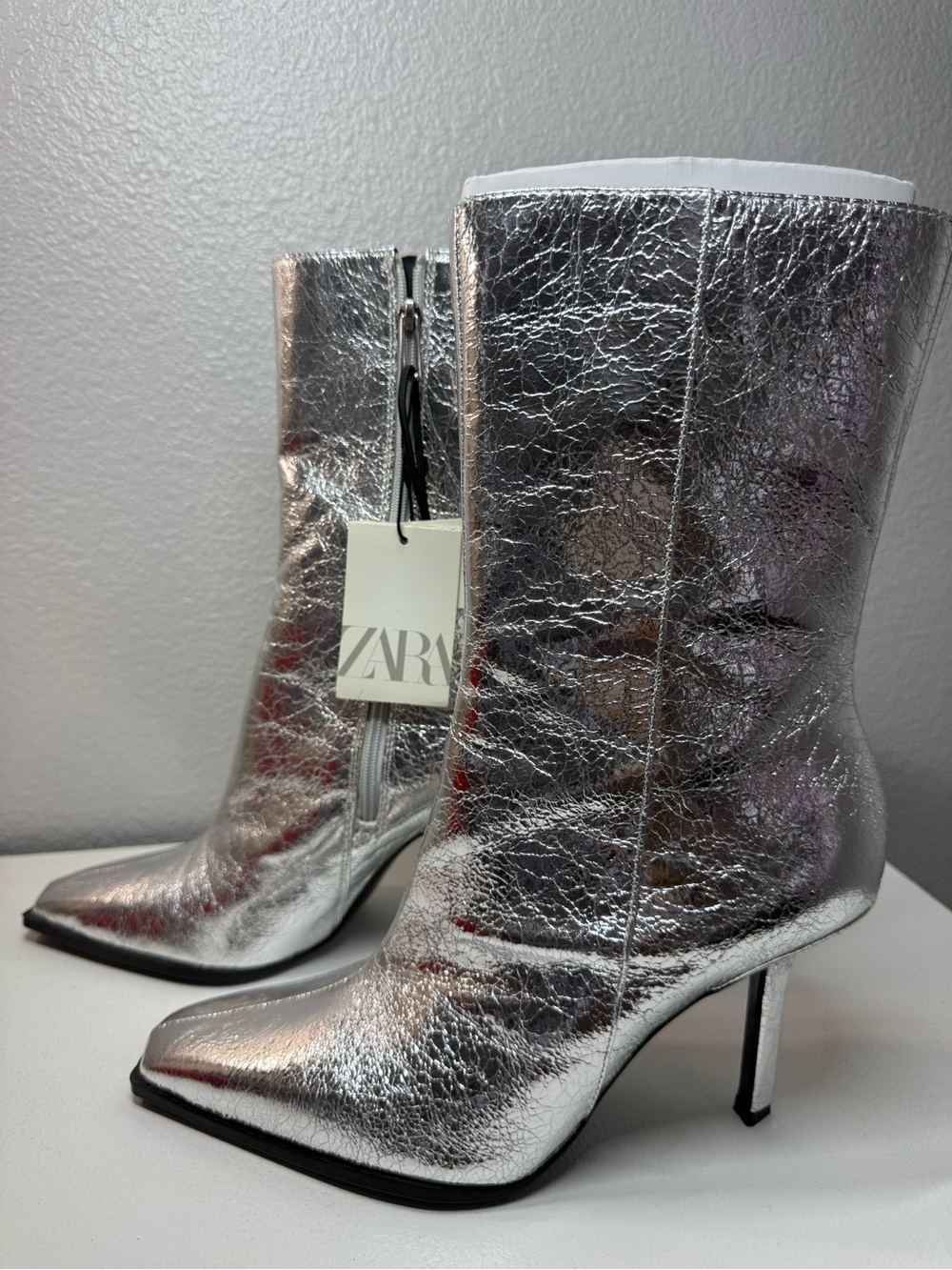 Zara Silver Metallic Pointed-Toe Stiletto Mid-Calf Boots